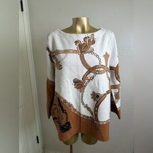 Chico's Womens Multicolor Belt Floral Jacquard Boat Neck Pullover Sweater Sz L